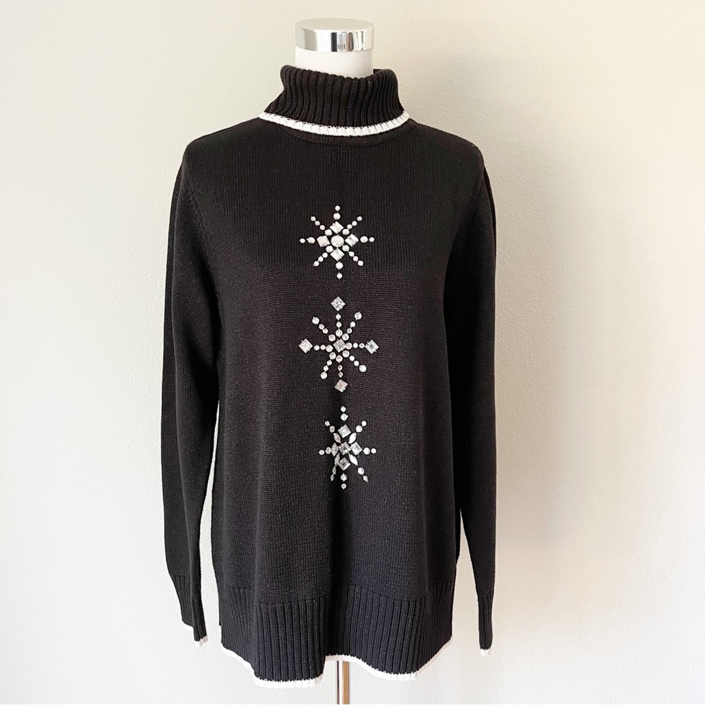 Quacker Factory Black Snowflake Turtleneck Sweate… - image 1